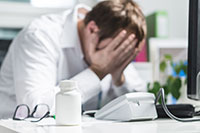 Doctor holding his head.