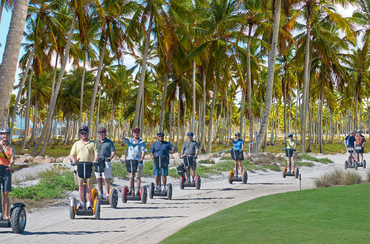A group of people ride Segways along a sandy path lined with tall palm trees under a bright blue sky, enjoying an outdoor tour in a tropical setting.