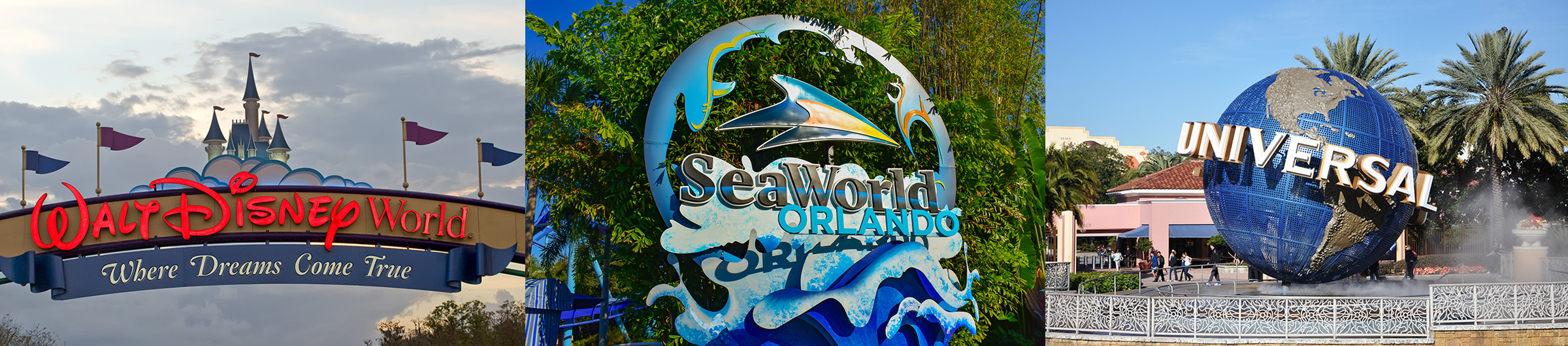 Three theme park signs: Walt Disney World with a castle backdrop, SeaWorld Orlando with a dolphin and water splash, and Universal Studios with a large rotating globe and palm trees.