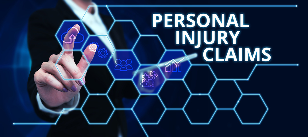 A person in business attire touches a virtual screen with hexagonal icons and the text PERSONAL INJURY CLAIMS displayed in bold, blue letters.