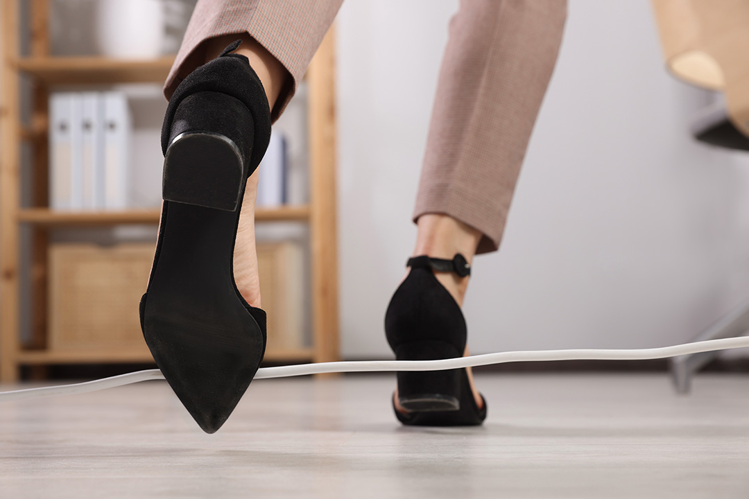 A person wearing black heeled shoes and beige pants is about to trip over a white cable on the floor in an office setting. The focus is on the shoes and the cable.