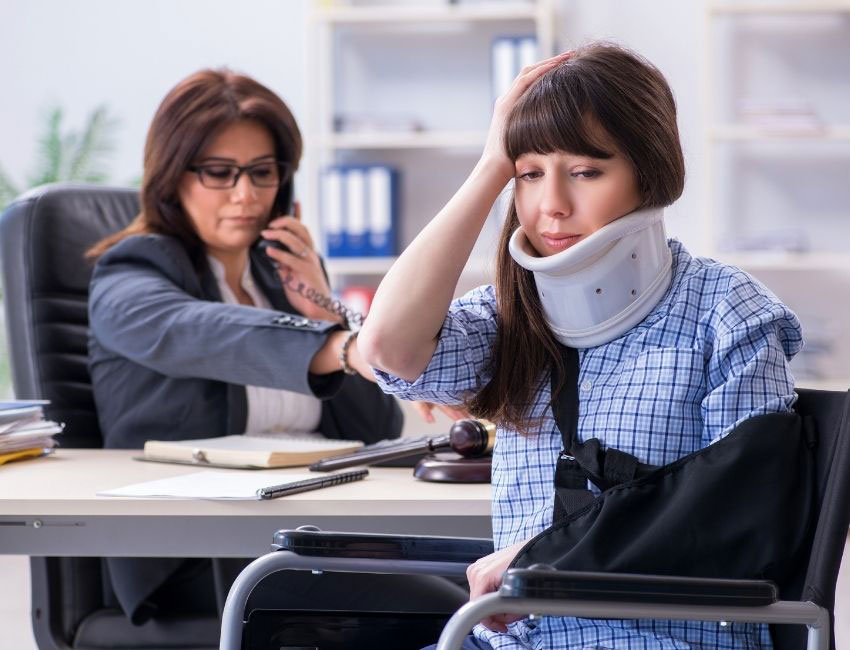 Slip and Fall Accident victim with neck brace armo in sling talking to lawyer