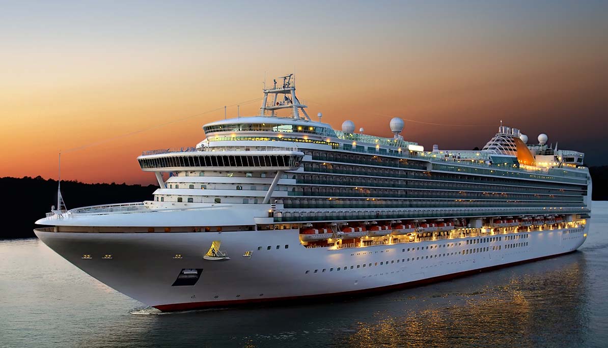 image - cruise ship at beautiful orange sunset cruising up river