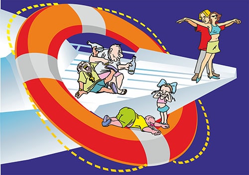 comic depiction of drunken passengers aboard a ship