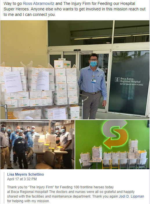 Boca regional hospital 100 meals for Corona-virus workers