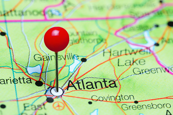 map identifying atlanta georgia with a red topped pin marker