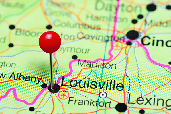 map identifying louisville kentucky with a red topped pin marker
