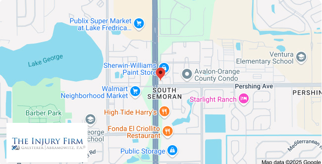 Show thumbnail preview Map view of South Semoran area in Orlando, Florida, showing locations like Walmart Neighborhood Market, Sherwin-Williams Paint Store, and restaurants, with The Injury Firm logo in the lower-left corner.