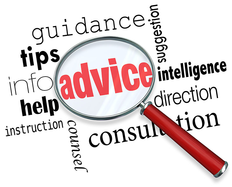 guidance and advice words in grapic with magnifying glass over the word advice in red