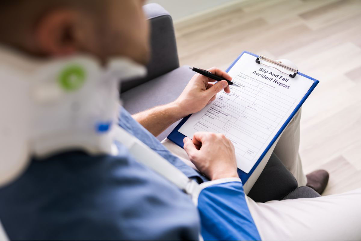 man in neck brac filling out slip and fall accident report