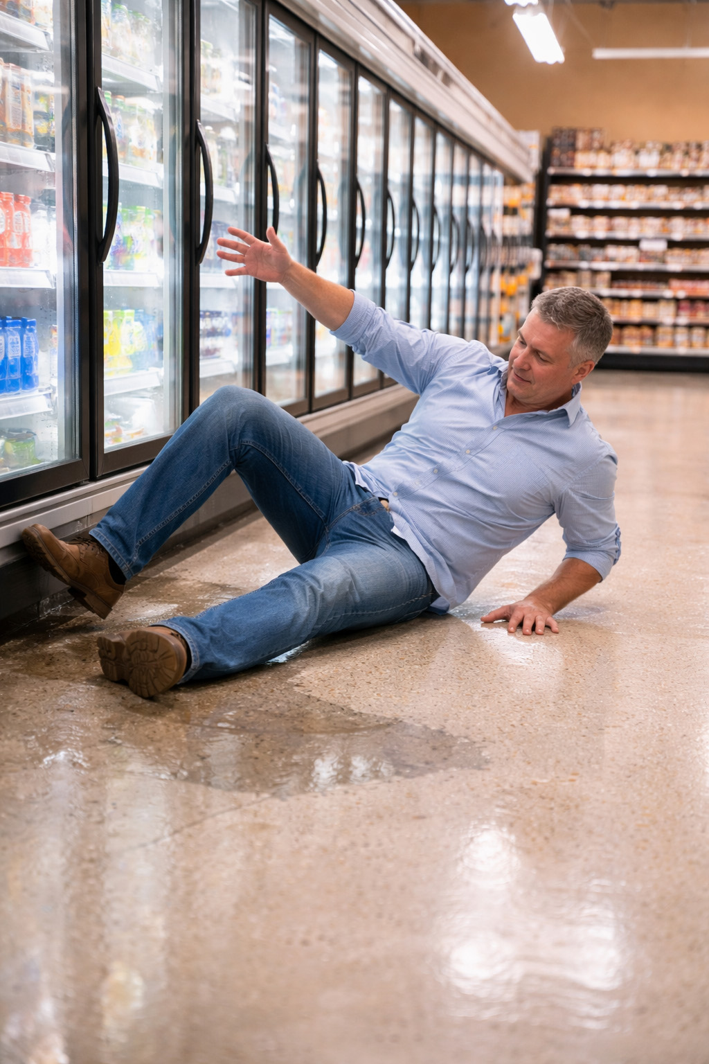 Man in grocery store slipping and falling on water leaking from refrigeration  unit.