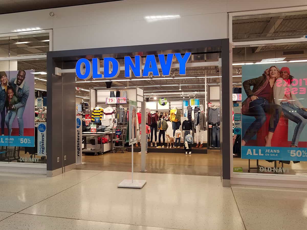 old navy sign above doorway to store in mall