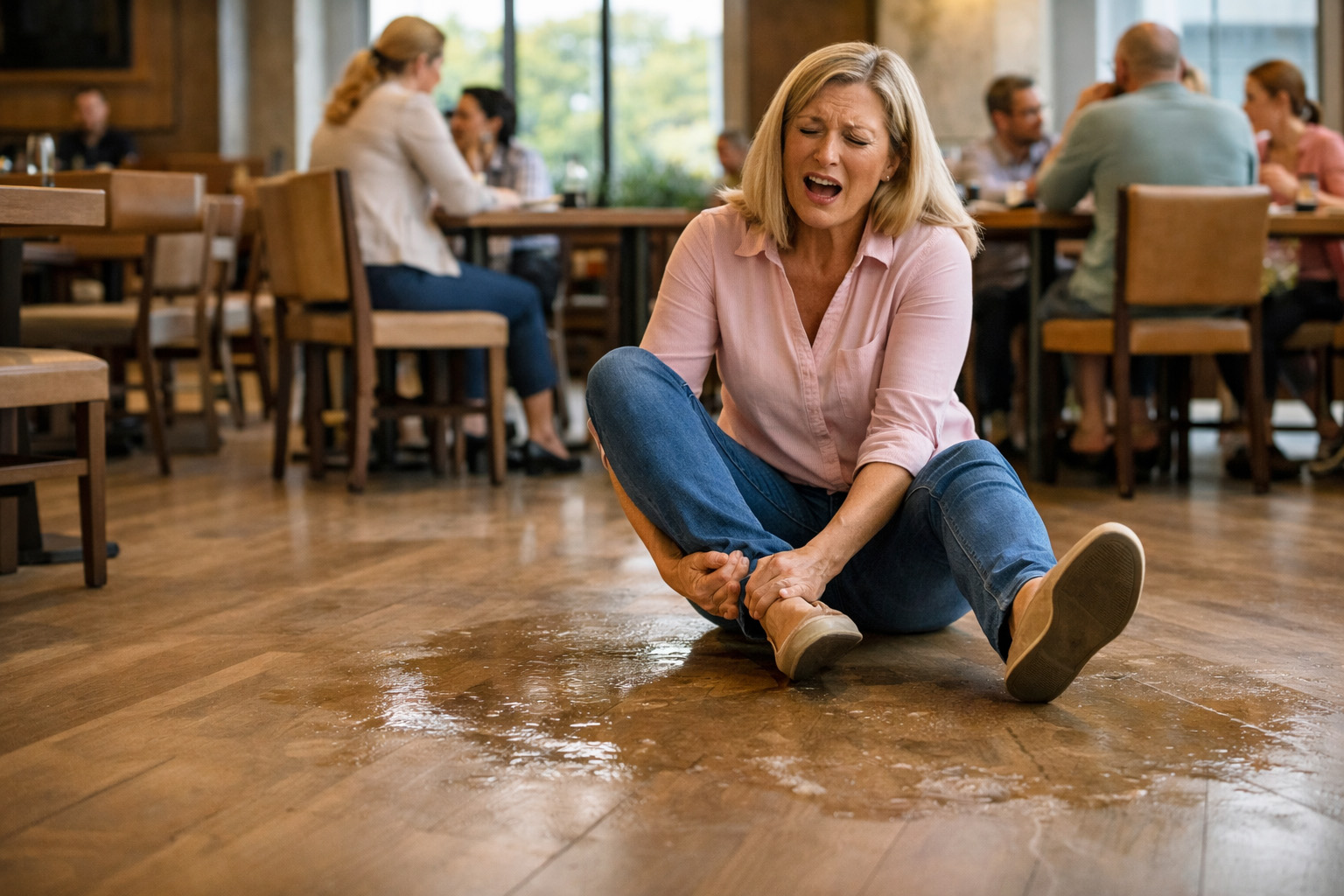 woman injured after slipping on wet floor in a restaurant